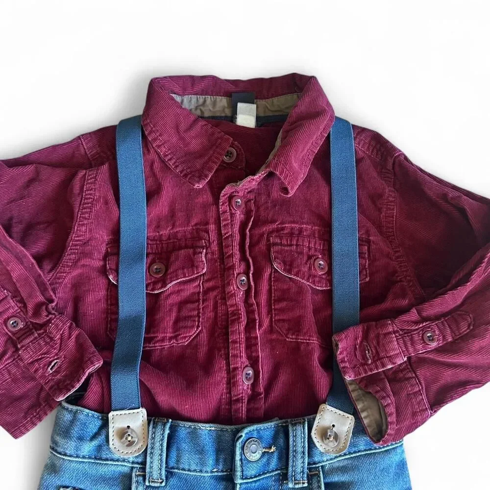 Gap boys 2T Carter's Blue jean overalls & Burgundy‎ baby gap shirt EUC